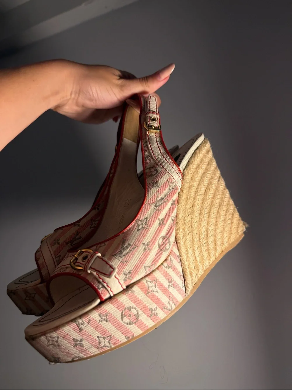 Louis Vuitton Pink Stripe Monogram Espadrille Wedges